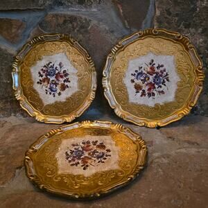 Mita Florentine Gold Gilt Tole Trays set of 3 Floral Authentic g500 Vintage Rare